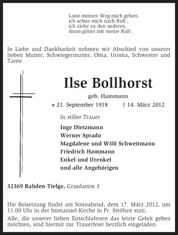 Traueranzeige von Ilse Bollhorst von KREISZEITUNG SYKE