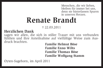 Traueranzeige von Renate Brandt von KREISZEITUNG SYKE