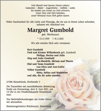 Traueranzeige von Margret Gumbold von KREISZEITUNG SYKE