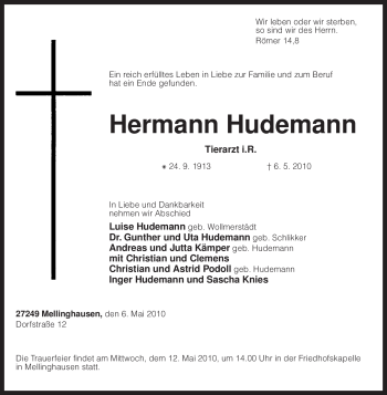 Traueranzeige von Hermann Hudemann von KREISZEITUNG SYKE