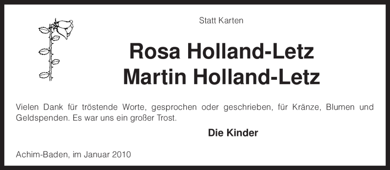  Traueranzeige für Martin Holland-Letz vom 09.01.2010 aus KREISZEITUNG SYKE