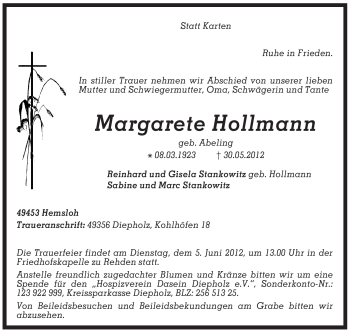 Traueranzeige von Margarete Hollmann von KREISZEITUNG SYKE