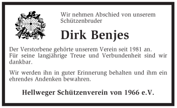 Traueranzeige von Dirk Benjes von KREISZEITUNG SYKE