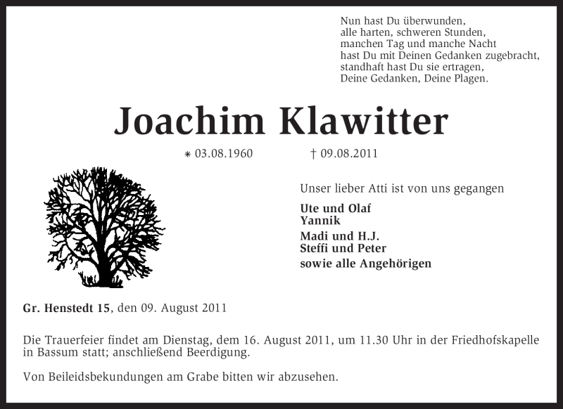  Traueranzeige für Joachim Klawitter vom 12.08.2011 aus KREISZEITUNG SYKE