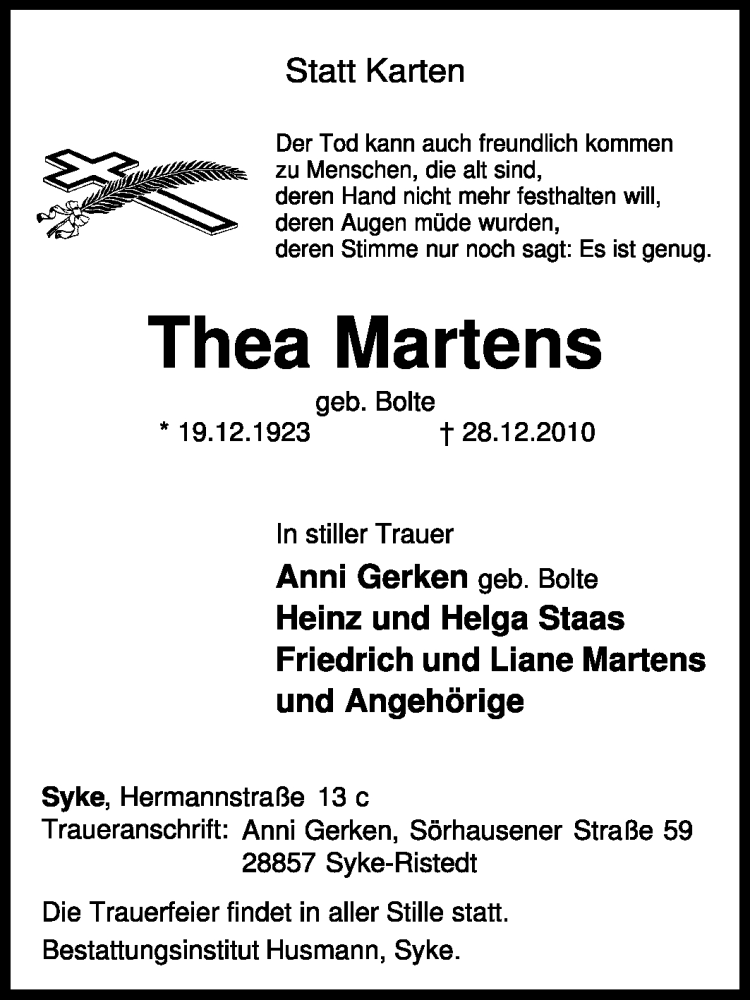  Traueranzeige für Thea Martens vom 30.12.2010 aus KREISZEITUNG SYKE