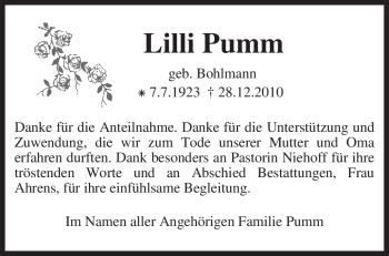 Traueranzeige von Lilli Pumm von KREISZEITUNG SYKE