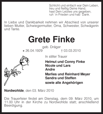 Traueranzeige von Grete Finke von KREISZEITUNG SYKE