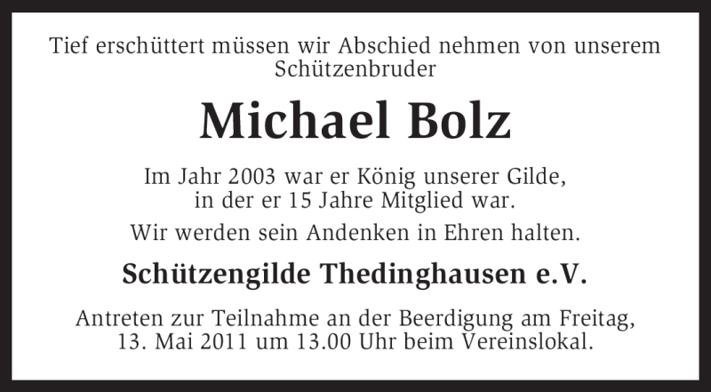  Traueranzeige für Michael Bolz vom 11.05.2011 aus KREISZEITUNG SYKE