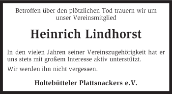 Traueranzeige von Heinrich Lindhorst von KRZ