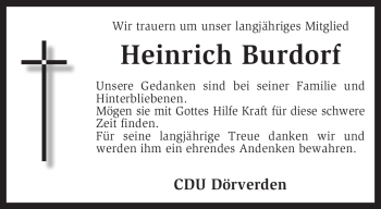 Traueranzeige von Heinrich Burdorf von KREISZEITUNG SYKE