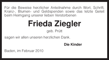 Traueranzeige von Frieda Ziegler von KREISZEITUNG SYKE