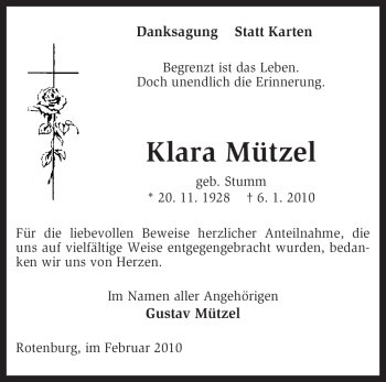 Traueranzeige von Klara Mützel von KREISZEITUNG SYKE