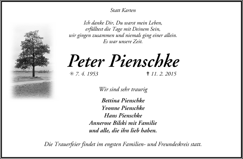  Traueranzeige für Peter Pienschke vom 14.02.2015 aus KRZ