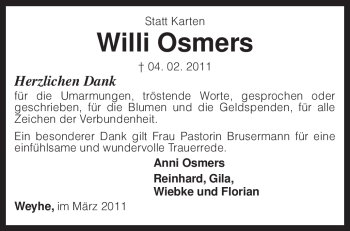 Traueranzeige von Willi Osmers von KREISZEITUNG SYKE