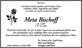 Traueranzeige von Meta Bischoff von KREISZEITUNG SYKE