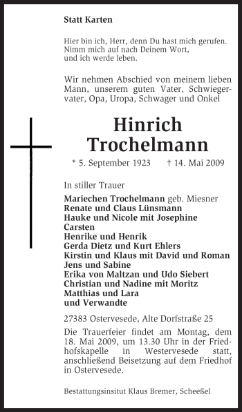 Traueranzeige von Hinrich Trochelmann von KREISZEITUNG SYKE