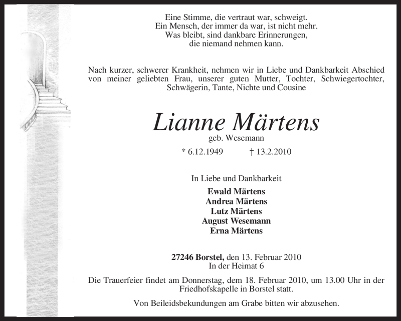  Traueranzeige für Lianne Märtens vom 15.02.2010 aus KREISZEITUNG SYKE