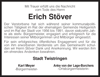 Traueranzeige von Erich Stöver von KREISZEITUNG SYKE