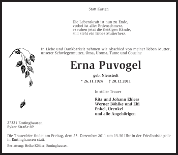 Traueranzeige von Erna Puvogel von KREISZEITUNG SYKE