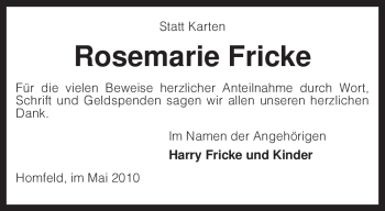 Traueranzeige von Rosemarie Fricke von KREISZEITUNG SYKE