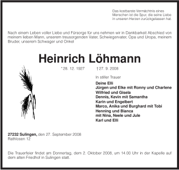 Traueranzeige von Heinrich Löhmann von KREISZEITUNG SYKE