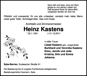 Traueranzeige von Heinz Kastens von KREISZEITUNG SYKE