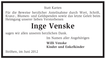 Traueranzeige von Inge Venske von KREISZEITUNG SYKE