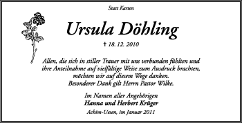 Traueranzeige von Ursula Döhling von KREISZEITUNG SYKE