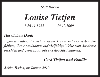 Traueranzeige von Louise Tietjen von KREISZEITUNG SYKE