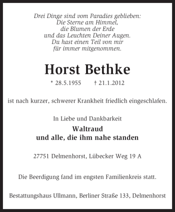 Traueranzeige von Horst Bethke von KREISZEITUNG SYKE