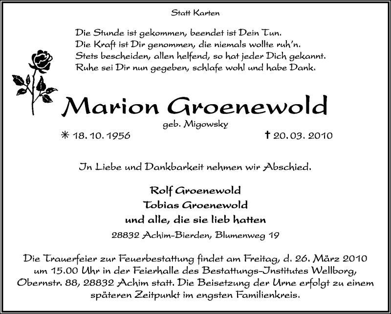  Traueranzeige für Marion Groenewold vom 24.03.2010 aus KREISZEITUNG SYKE