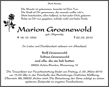 Traueranzeige von Marion Groenewold von KREISZEITUNG SYKE