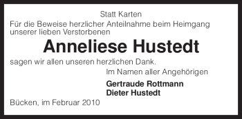 Traueranzeige von Anneliese Hustedt von KREISZEITUNG SYKE