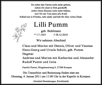 Traueranzeige von Lilli Pumm von KREISZEITUNG SYKE