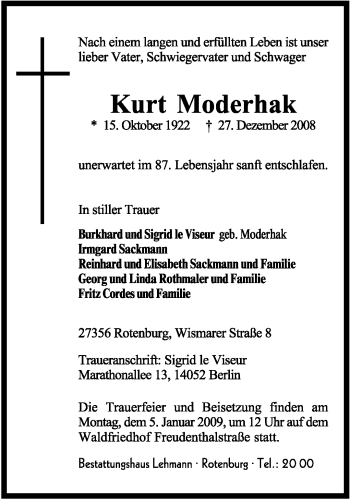 Traueranzeige von Kurt Moderhak von KREISZEITUNG SYKE