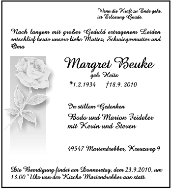 Traueranzeige von Margret Beuke von KREISZEITUNG SYKE