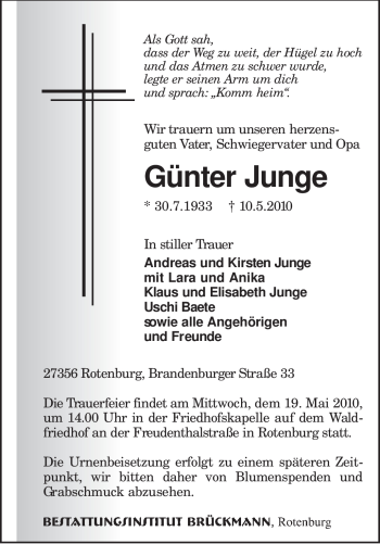 Traueranzeige von Günter Junge von KREISZEITUNG SYKE