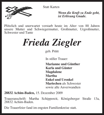 Traueranzeige von Frieda Ziegler von KREISZEITUNG SYKE