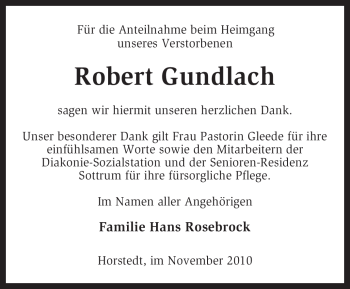 Traueranzeige von Robert Gundlach von KREISZEITUNG SYKE