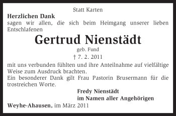 Traueranzeige von Gertrud Nienstädt von KREISZEITUNG SYKE