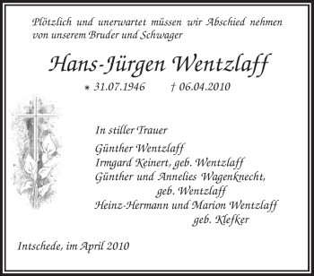 Traueranzeige von Hans-Jürgen Wentzlaff von KREISZEITUNG SYKE