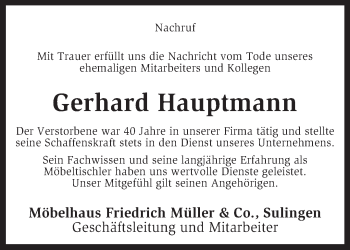 Traueranzeige von Gerhard Hauptmann von KRZ