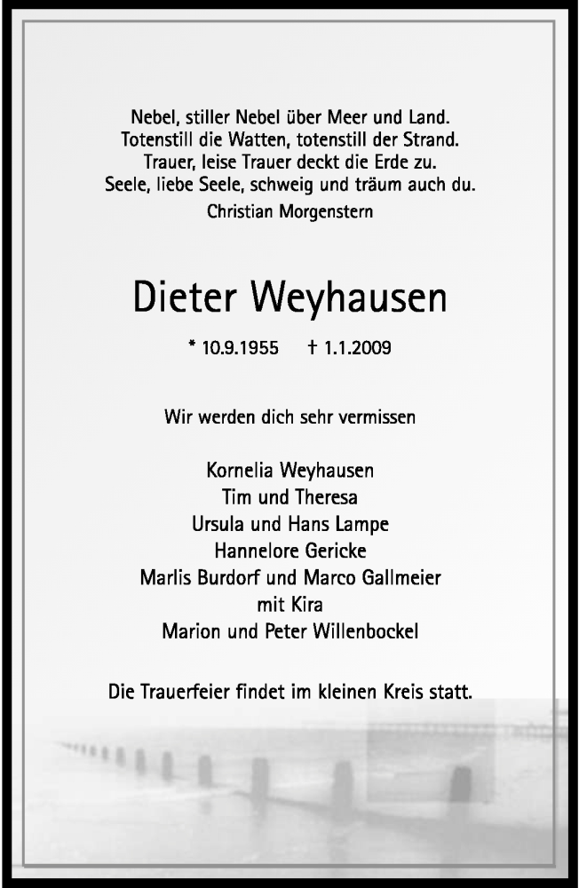  Traueranzeige für Dieter Weyhausen vom 06.01.2009 aus KREISZEITUNG SYKE