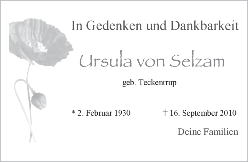  Traueranzeige für Ursula von Selzam vom 16.09.2011 aus KREISZEITUNG SYKE