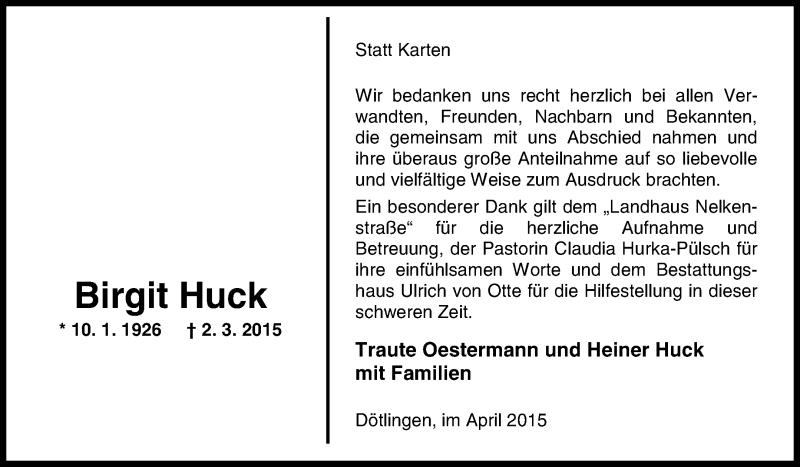  Traueranzeige für Birgit Huck vom 02.04.2015 aus KRZ