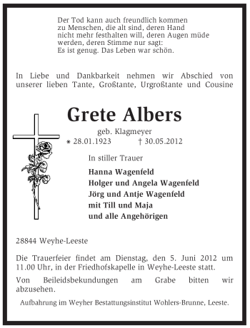 Traueranzeige von Grete Albers von KREISZEITUNG SYKE