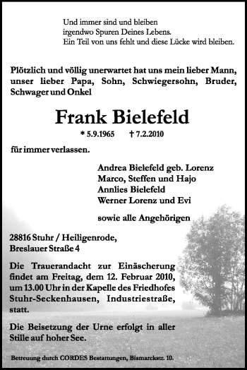 Traueranzeige von Frank Bielefeld von KREISZEITUNG SYKE