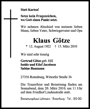 Traueranzeige von Klaus Götze von KREISZEITUNG SYKE
