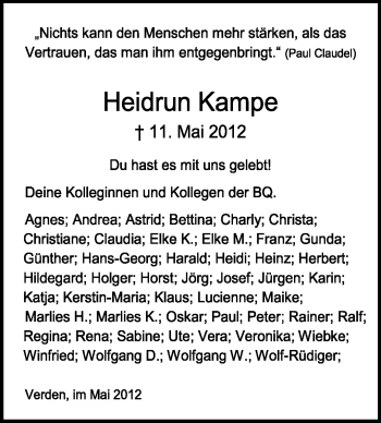 Traueranzeige von Heidrun Kampe von KREISZEITUNG SYKE