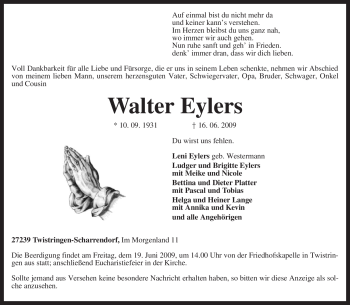 Traueranzeige von Walter Eylers von KREISZEITUNG SYKE